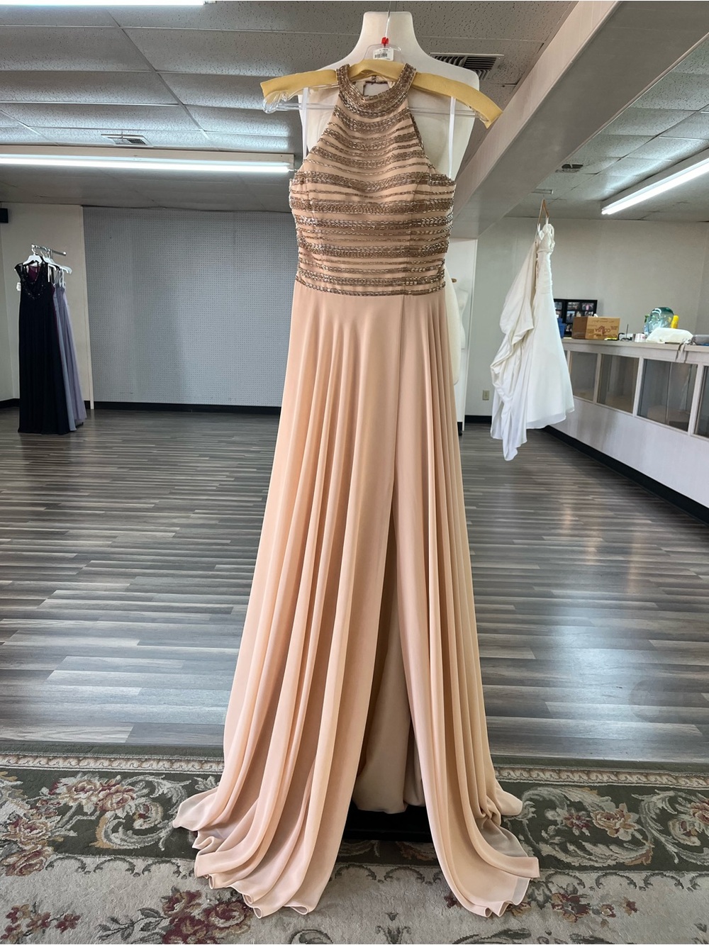 Beaded Halter Neck, Light Gold Evening Gown